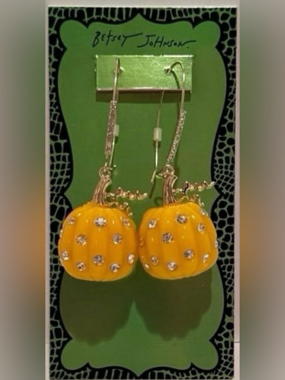 BETSEY JOHNSON Halloween Creep It Real Orange Pumpkin & Crystals Earrings NWT
